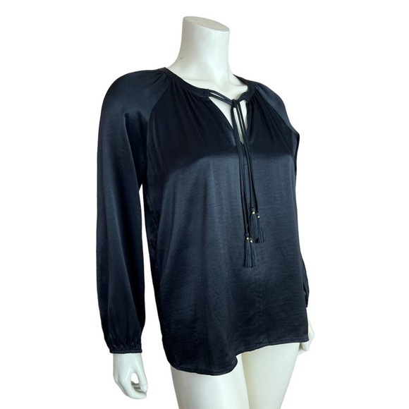 Johnny Was Calme Peasant Blouse XS Black Satin Tassel Split Neck Long Sleeve - Picture 2 of 13